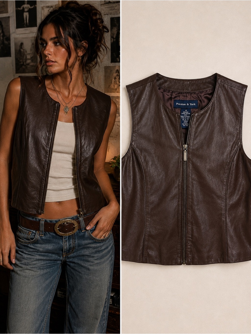 Preston & York Brown Genuine Leather Vest Size 14 90s Y2K Zip Front Moto